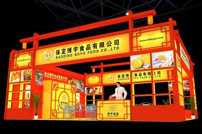 90平米展臺設計制作：三面開口/中式/木質(zhì)結構/紅色，為食品展展商而作（免費使用）