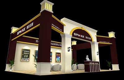 70平米展臺設(shè)計(jì)制作：三面開口/歐式/木質(zhì)結(jié)構(gòu)/米色，為食品展展商而作（免費(fèi)使用）