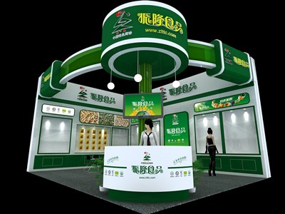 48平米展臺設(shè)計制作：二面開口/現(xiàn)代/木質(zhì)結(jié)構(gòu)/綠色，為食品展展商而作（免費使用）