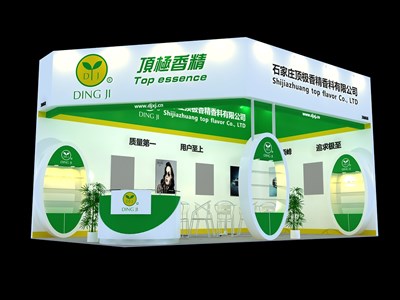 36平米展臺設計制作：二面開口/現(xiàn)代/木質結構/綠色，為食品展展商而作（免費使用）