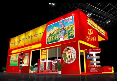 150平米展臺設(shè)計制作：四面開口/中式/木質(zhì)結(jié)構(gòu)/紅色，為食品展展商而作（免費使用）