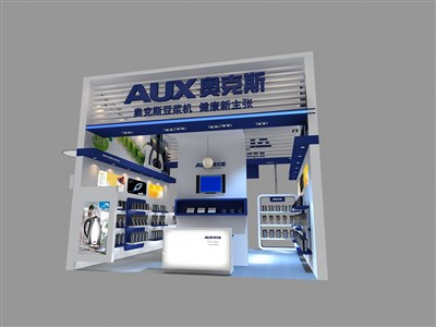 36平米展臺(tái)設(shè)計(jì)制作：二面開口/現(xiàn)代/木質(zhì)結(jié)構(gòu)/藍(lán)色，為家電展展商而作（免費(fèi)使用）