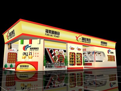96平米展臺設計制作：三面開口/現(xiàn)代/木質結構/黃色，為美博會展商而作（免費使用）