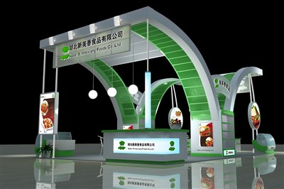 60平米展臺設計制作：四面開口/前衛(wèi)/木質(zhì)結(jié)構/綠色，為食品展展商而作（免費使用）