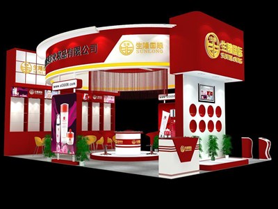 54平米展臺設(shè)計制作：三面開口/現(xiàn)代/木質(zhì)結(jié)構(gòu)/紅色，為美博會展商而作（免費使用）