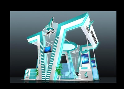 36平米展臺(tái)設(shè)計(jì)制作：三面開口/現(xiàn)代/木質(zhì)結(jié)構(gòu)/藍(lán)色，為家電展展商而作（免費(fèi)使用）
