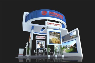 36平米展臺設計制作：三面開口/現(xiàn)代/木質結構/藍色，為食品展展商而作（免費使用）