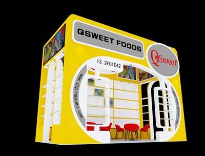 18平米展臺設計制作：三面開口/前衛(wèi)/木質結構/黃色，為食品展展商而作（免費使用）