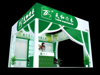 36平米展臺設計制作：三面開口/現(xiàn)代/木質結構/綠色，為食品展展商而作（免費使用）