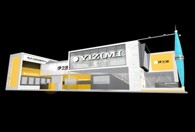 187平米展臺設計制作：三面開口/現代/雙層結構/黃色，為機械展展商而作（免費使用）
