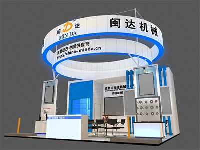 42平米展臺設(shè)計制作：三面開口/現(xiàn)代/木質(zhì)結(jié)構(gòu)/白色，為機械展展商而作（免費使用）
