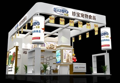 77平米展臺(tái)設(shè)計(jì)制作：三面開(kāi)口/現(xiàn)代/木質(zhì)結(jié)構(gòu)/白色，為食品展展商而作（免費(fèi)使用）