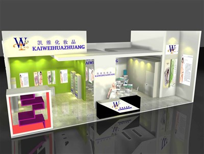 72平米展臺設計制作：二面開口/現(xiàn)代/木質結構/彩色，為美博會展商而作（免費使用）
