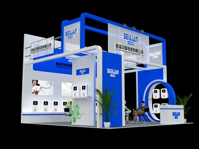 36平米展臺(tái)設(shè)計(jì)制作：三面開口/現(xiàn)代/木質(zhì)結(jié)構(gòu)/藍(lán)色，為家電展展商而作（免費(fèi)使用）
