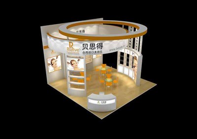 36平米展臺(tái)設(shè)計(jì)制作：四面開口/現(xiàn)代/木質(zhì)結(jié)構(gòu)/白色，為美博會(huì)展商而作（免費(fèi)使用）