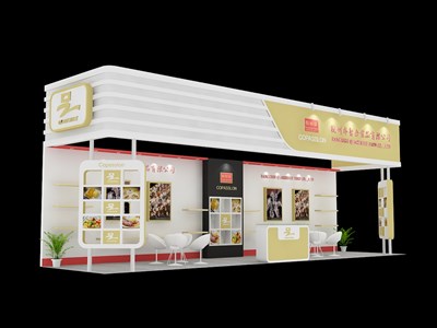 36平米展臺(tái)設(shè)計(jì)制作：三面開(kāi)口/現(xiàn)代/木質(zhì)結(jié)構(gòu)/米色，為食品展展商而作（免費(fèi)使用）
