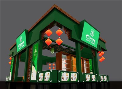 108平米展臺設計制作：四面開口/中式/木質(zhì)結構/綠色，為食品展展商而作（免費使用）