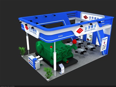 54平米展臺設(shè)計制作：三面開口/現(xiàn)代/木質(zhì)結(jié)構(gòu)/藍色，為機械展展商而作（免費使用）