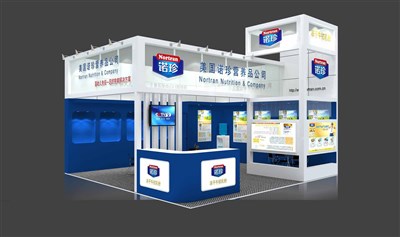 36平米展臺設計制作：二面開口/現(xiàn)代/木質結構/藍色，為食品展展商而作（免費使用）