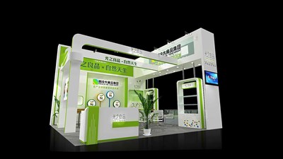 36平米展臺設計制作：三面開口/現(xiàn)代/木質結構/綠色，為食品展展商而作（免費使用）
