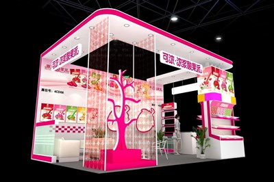 24平米展臺(tái)設(shè)計(jì)制作：三面開(kāi)口/現(xiàn)代/木質(zhì)結(jié)構(gòu)/粉色，為食品展展商而作（免費(fèi)使用）