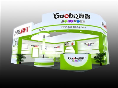 54平米展臺設(shè)計制作：二面開口/現(xiàn)代/木質(zhì)結(jié)構(gòu)/綠色，為家電展展商而作（免費使用）