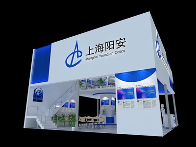 90平米展臺(tái)設(shè)計(jì)制作：四面開口/前衛(wèi)/雙層結(jié)構(gòu)/藍(lán)色，為安防展展商而作（免費(fèi)使用）