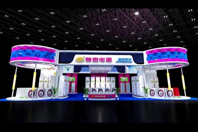312平米展臺(tái)設(shè)計(jì)制作：四面開口/現(xiàn)代/木質(zhì)結(jié)構(gòu)/彩色，為家電展展商而作（免費(fèi)使用）