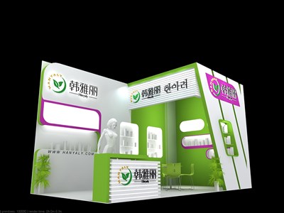 18平米展臺設計制作：二面開口/現(xiàn)代/木質結構/彩色，為美博會展商而作（免費使用）