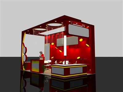 18平米展臺設(shè)計制作：三面開口/現(xiàn)代/木質(zhì)結(jié)構(gòu)/紅色，為食品展展商而作（免費(fèi)使用）