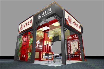 36平米展臺設(shè)計制作：三面開口/中式/木質(zhì)結(jié)構(gòu)/灰色，為糖酒展展商而作（免費(fèi)使用）