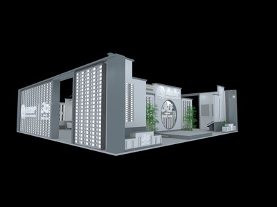 132平米展臺(tái)設(shè)計(jì)制作：三面開口/前衛(wèi)/型材結(jié)構(gòu)/灰色，為房產(chǎn)展展商而作（免費(fèi)使用）