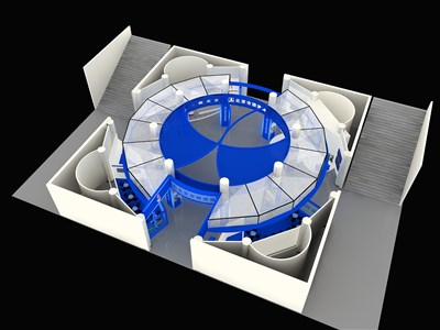 1024平米展臺(tái)設(shè)計(jì)制作：四面開(kāi)口/現(xiàn)代/型材結(jié)構(gòu)/白色，為旅游展展商而作（免費(fèi)使用）