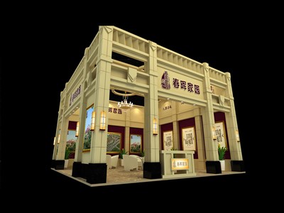 110平米展臺設(shè)計制作：二面開口/歐式/木質(zhì)結(jié)構(gòu)/米色，為房產(chǎn)展展商而作（免費使用）